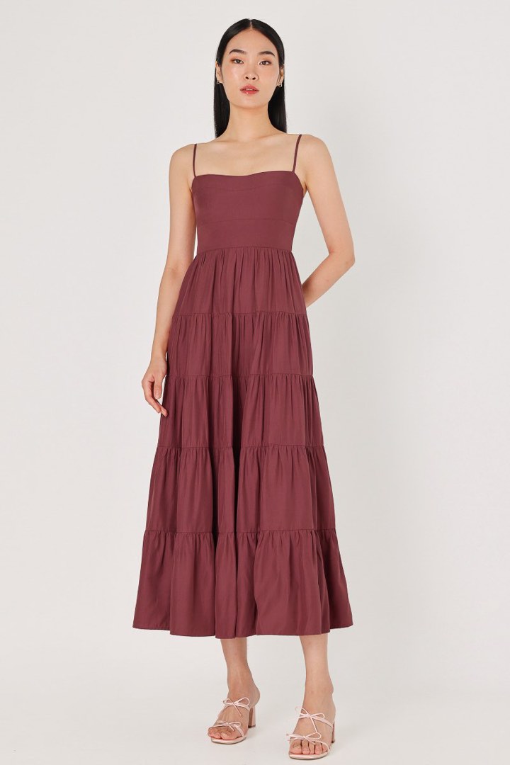 Lovet Tyla Maxi Padded Tiered Dress in Rosewood, Women's Fashion ...