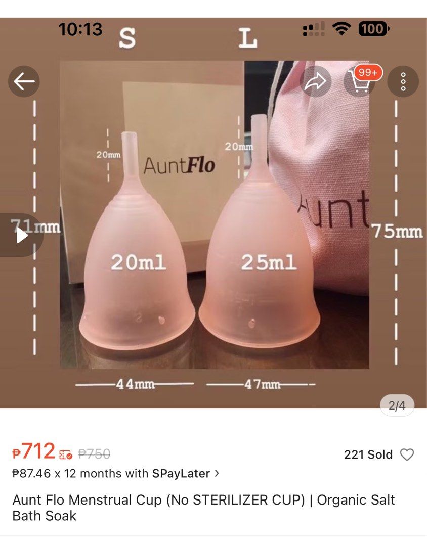 Aunt Flo Mentrual Cup (Category: Sanitary Hygiene) located in Marikina City. Submitted by dearly__ (Listing ID 1356820986, Image 1). Description: Size 25mL. Bought for ₱700 Tried on once lang for size. Used for about 3 mins (swear!) Too big for me. Comes With the original canvas bag. .