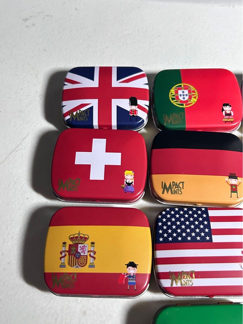 Impact Mints Country Flag Tin Cans (Category: Vintage Collectibles) located in San Marcelino. Submitted by sainthustle (Listing ID 1356947518, Image 3). Description: 450 for the entire set. Condition is very good and aesthetic. Good for display and collection .