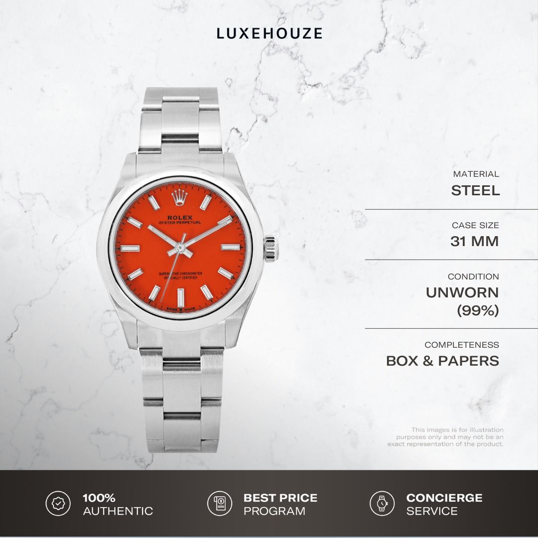 Unworn Apr 2022 Rolex Oyster Perpetual 31 277200 Coral Red Dial Oyster (Category: Watches) located in Singapore. Submitted by luxehouze (Listing ID 1353563428, Image 1). Description: Join our Community for special deals and latest arrivals! //bit.ly/LHWatchesSG Rolex Oyster Perpetual 31 277200 Coral Red Dial Oyster This piece is available for viewing by request. Reserve your spot on our viewing list. Watch Details: SKU: 0004919 Condition: Unworn 