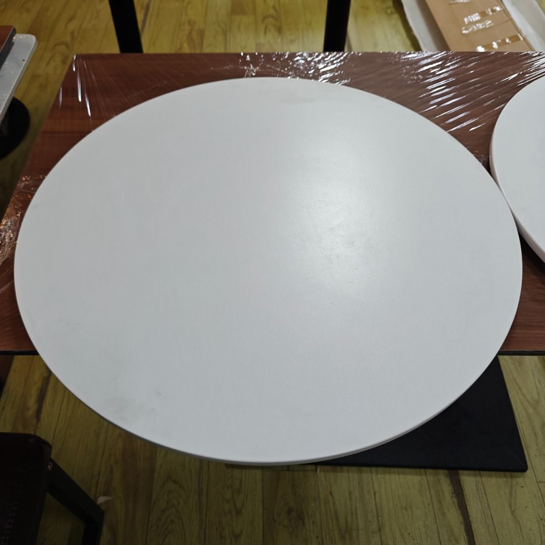 Round Coffee Dining Table w/ slight dent (Category: Tables & Sets) located in Manila. Submitted by beginningofthings (Listing ID 1356880433, Image 2). Description: Overall dimensions: 60cm diameter x 74cm H - Silver metal table leg - With shallow dent on the table top (please check all photos) - Was damaged in storage - 100% new and unused - Will do minor repairs to cover up the dent.