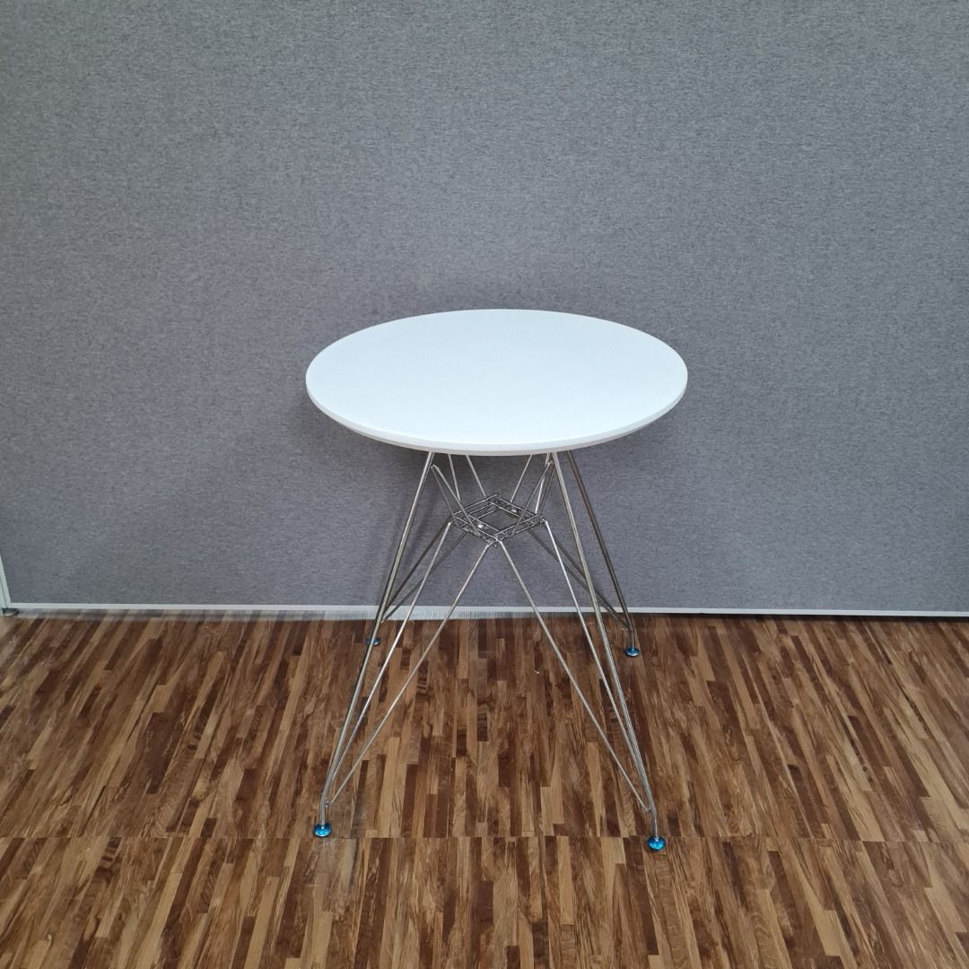 Round Coffee Dining Table w/ slight dent (Category: Tables & Sets) located in Manila. Submitted by beginningofthings (Listing ID 1356880433, Image 1). Description: Overall dimensions: 60cm diameter x 74cm H - Silver metal table leg - With shallow dent on the table top (please check all photos) - Was damaged in storage - 100% new and unused - Will do minor repairs to cover up the dent.