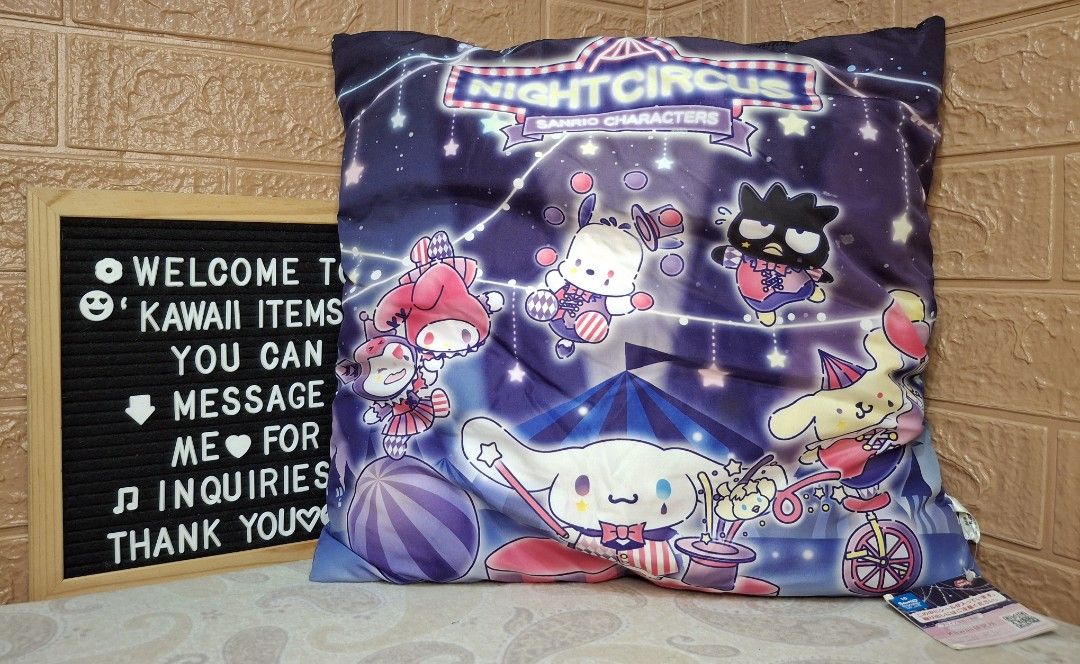Sanrio Characters Night Circus Cushion Pillow (Category: Plushies & Soft Toys) located in Bulacan. Submitted by kawaii_items_stuffed_toys (Listing ID 1356960649, Image 1). Description: Just message me if you ever want to see more pictures of the item, I'm more than glad to assist you. Brandnew with paper tag From Japan Box Sanrio @2022 Sanrio Characters Night Circus Cushion Pillow Height 17inches/43cm 📌Location: San Jose Del Monte Bulacan, Phili