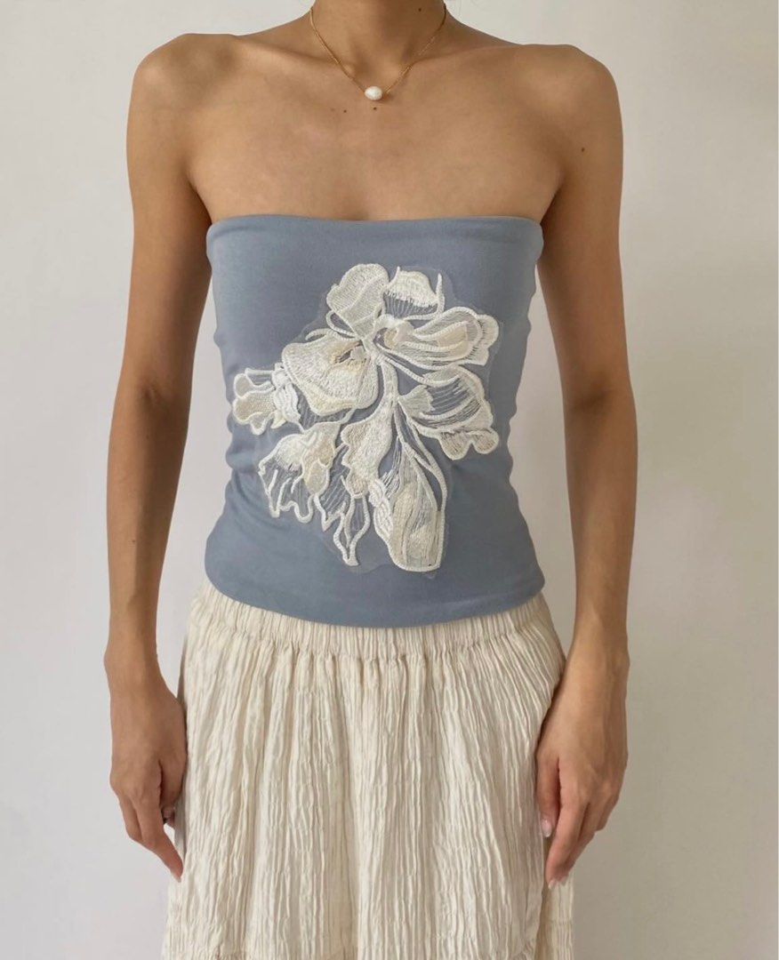Florice Muted Blue Patch Tube Top (Category: Others Tops) located in Las Pinas. Submitted by chaenq (Listing ID 1356989264, Image 1). Description: S-M Lined No other ww pics.