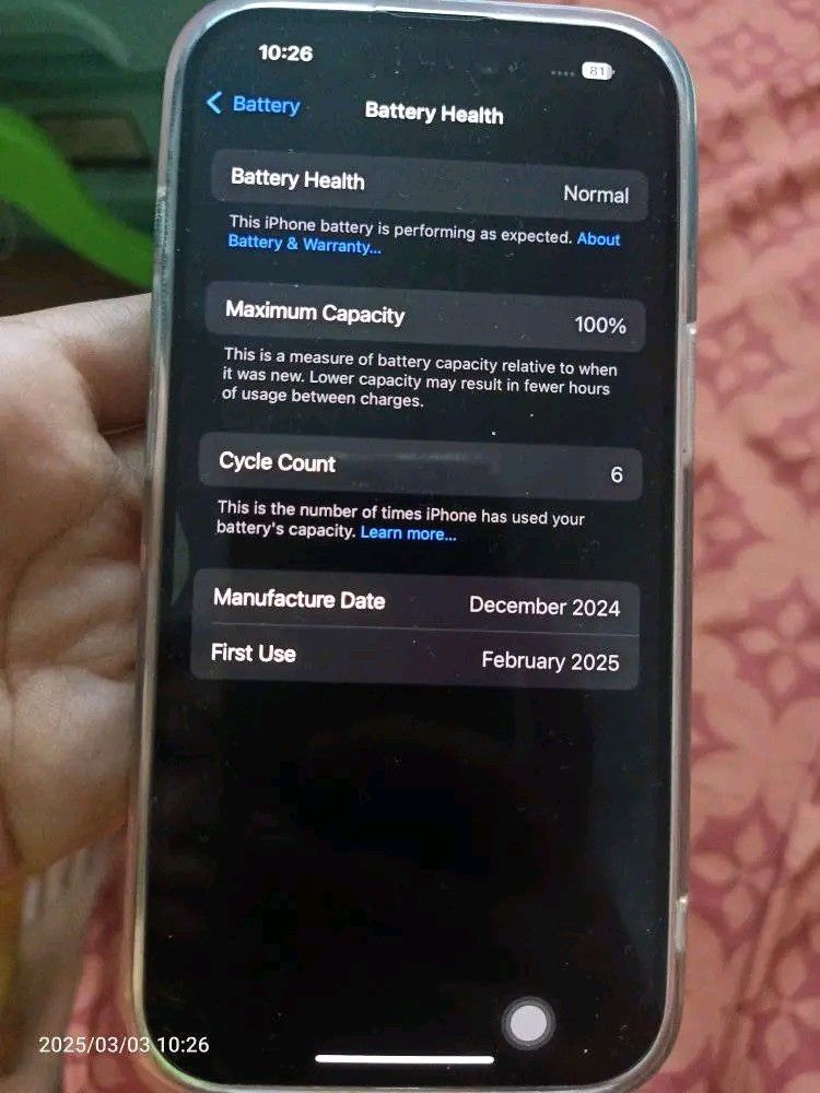 Iphone 15 (Category: iPhone 15 Series) located in Bacoor. Submitted by saludagame17959 (Listing ID 1357031572, Image 3). Description: iphone 15 binili noong feb 1 ginamit noong 16 tapos bihira nalang gamitin 63990 may bawas pa sa sure buyer may 5k protection siya pag nawala pwede mong ipakita sa power mac papalitan nila ng same unit.