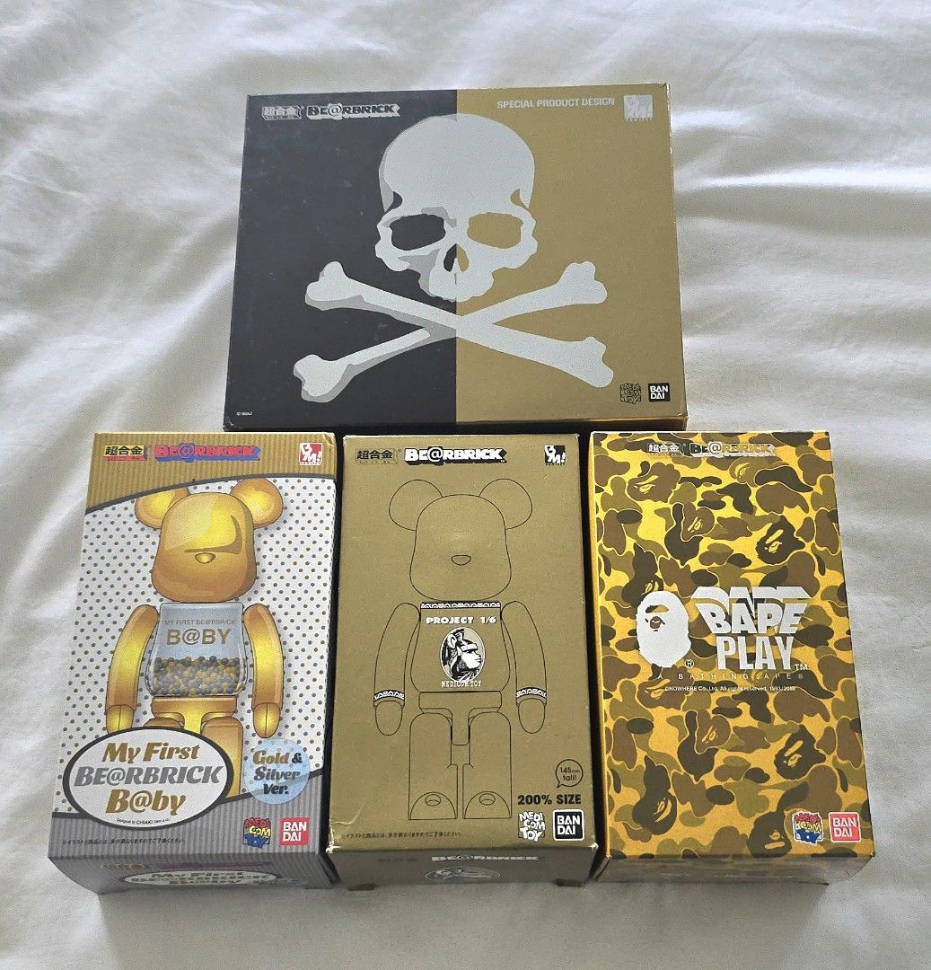 Medicom Toy x Bandai Chogokin - Bearbrick 200% set of 5 (Mastermind Japan Black & Gold, Gold A Bathing Ape Bape Shark, Gold My First Be@rbrick Baby, Gold Centurion Project 1/6) (Category: Designer & Blind Box Toys) located in Singapore. Submitted by rimgaard (Listing ID 1357073633, Image 1). Description: Prefer to sell as a set. Self collect in the west or add token amount for courier delivery, thanks.
