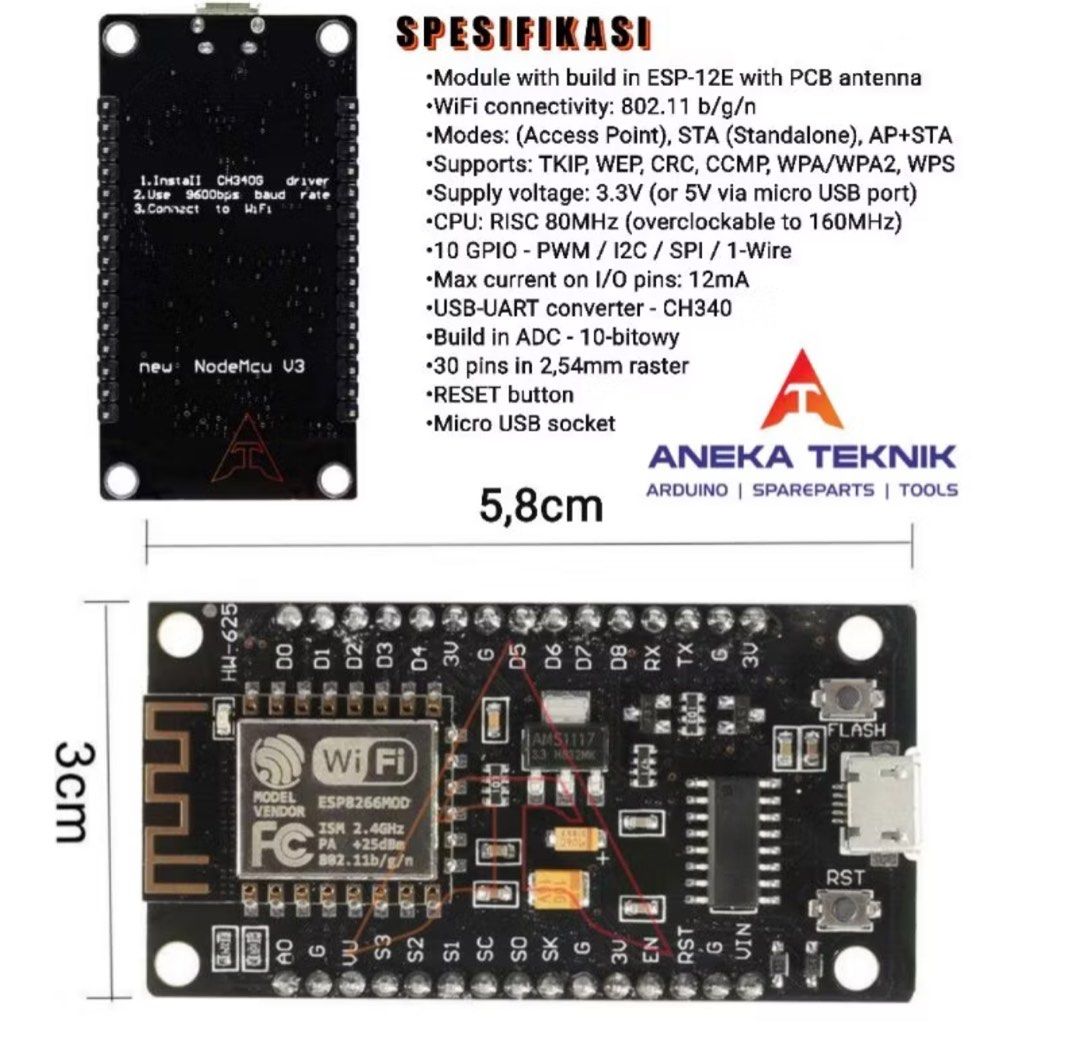 NodeMCU ESP8266 ESP12 CH340 IOT wireless Arduino V3 Original 100%, Jasa ...