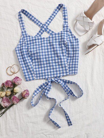 SHEIN SunnyBelle Gingham Lace Up Back Cami (Category: Sleeveless) located in Manila. Submitted by robertawang (Listing ID 1357008880, Image 1). Description: Brand New. Back has fully adjustable straps. Fits Small to Large.
