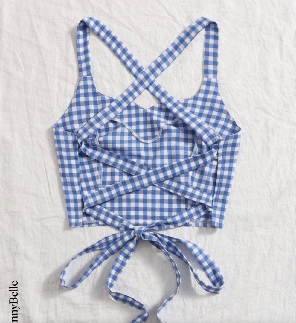 SHEIN SunnyBelle Gingham Lace Up Back Cami (Category: Sleeveless) located in Manila. Submitted by robertawang (Listing ID 1357008880, Image 2). Description: Brand New. Back has fully adjustable straps. Fits Small to Large.