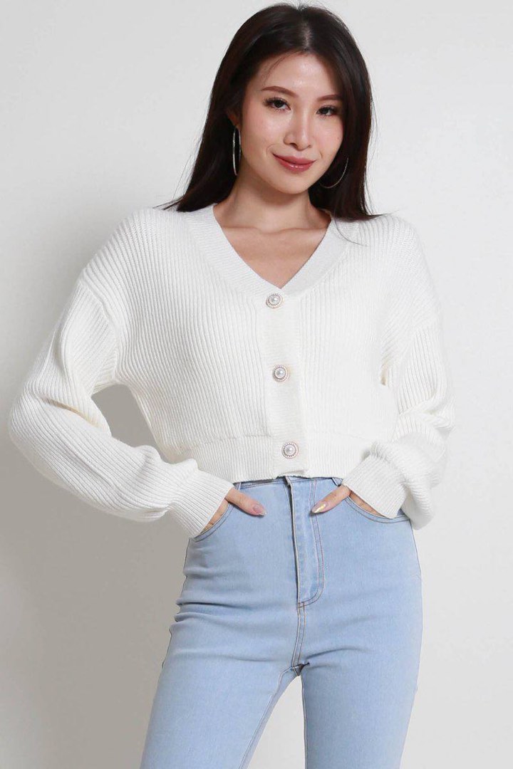 New White Original Design Pearl Knit Cardigan main image 0