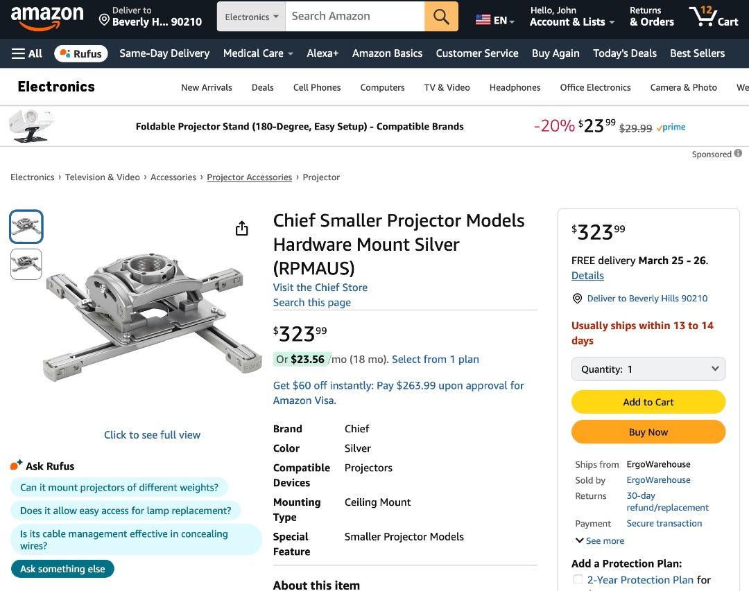 Chief Projector Mount, in box and never used (Category: Projectors) located in Manila. Submitted by himig888 (Listing ID 1357219342, Image 1). Description: Purchased before pandemic for a project that didn't materialize. Chief RPA Elite Universal Projector Mount with Keyed Locking (A version), Silver Same as the one on Amazon in the pictures. (But Amazon does not deliver this product to the Philippines.ü) PM if interested!.