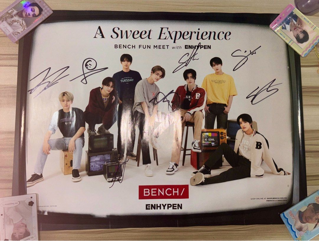 ENHYPEN Bench Fanmeet Signed Poster (Category: K-Wave Merchandise) located in Pasig City. Submitted by shop.soph (Listing ID 1357346622, Image 1). Description: 1 out of 50 Original winner from the raffle Has never been hanged or taped 8.5k negotiable, just make an offer.