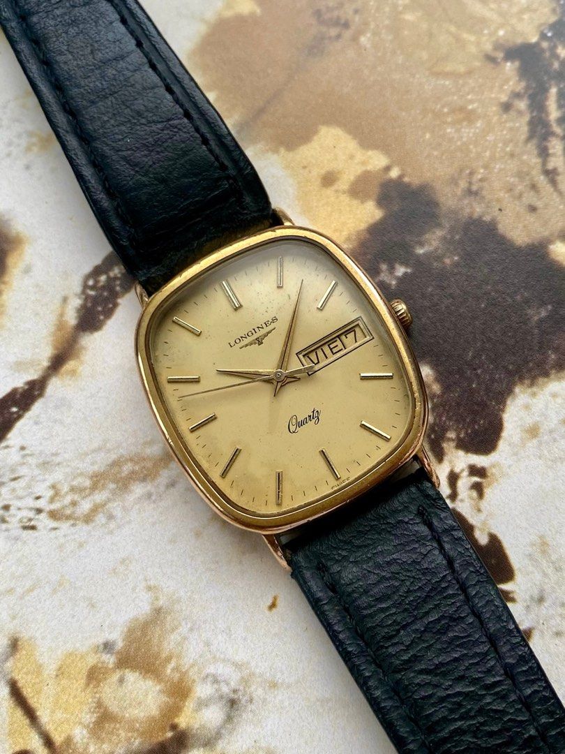 Longines Tonneau (Category: Luxury Watches) located in Pasig City. Submitted by watchtradeph (Listing ID 1357279963, Image 1). Description: Thank God it’s Viernes. Featured item is a vintage Longines dress watch in a rare Spanish language Day-Date. Longines [WT 1141-0 105DS] Quartz Circa: 1980s Size: 25mm x 35mm Strap: genuine Longines leather and buckle Material: gold-plaque All original Newly serviced.