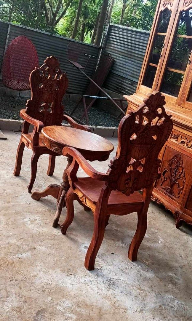 Old Coffee Table Set (Category: Tables & Sets) located in Rizal. Submitted by mommykiee (Listing ID 1357304702, Image 3). Description: Old coffee table set Made of narra wood Table made of 1pc narra top Newly stripped & varnished Ready to use Size: Table: D23 H26.5inch Chairs: L20 W20 H18-47inch Price: 17,500 set.