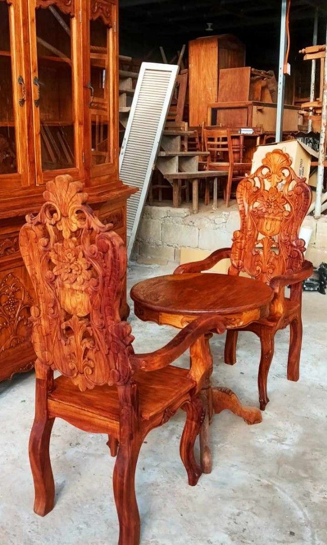 Old Coffee Table Set (Category: Tables & Sets) located in Rizal. Submitted by mommykiee (Listing ID 1357304702, Image 2). Description: Old coffee table set Made of narra wood Table made of 1pc narra top Newly stripped & varnished Ready to use Size: Table: D23 H26.5inch Chairs: L20 W20 H18-47inch Price: 17,500 set.