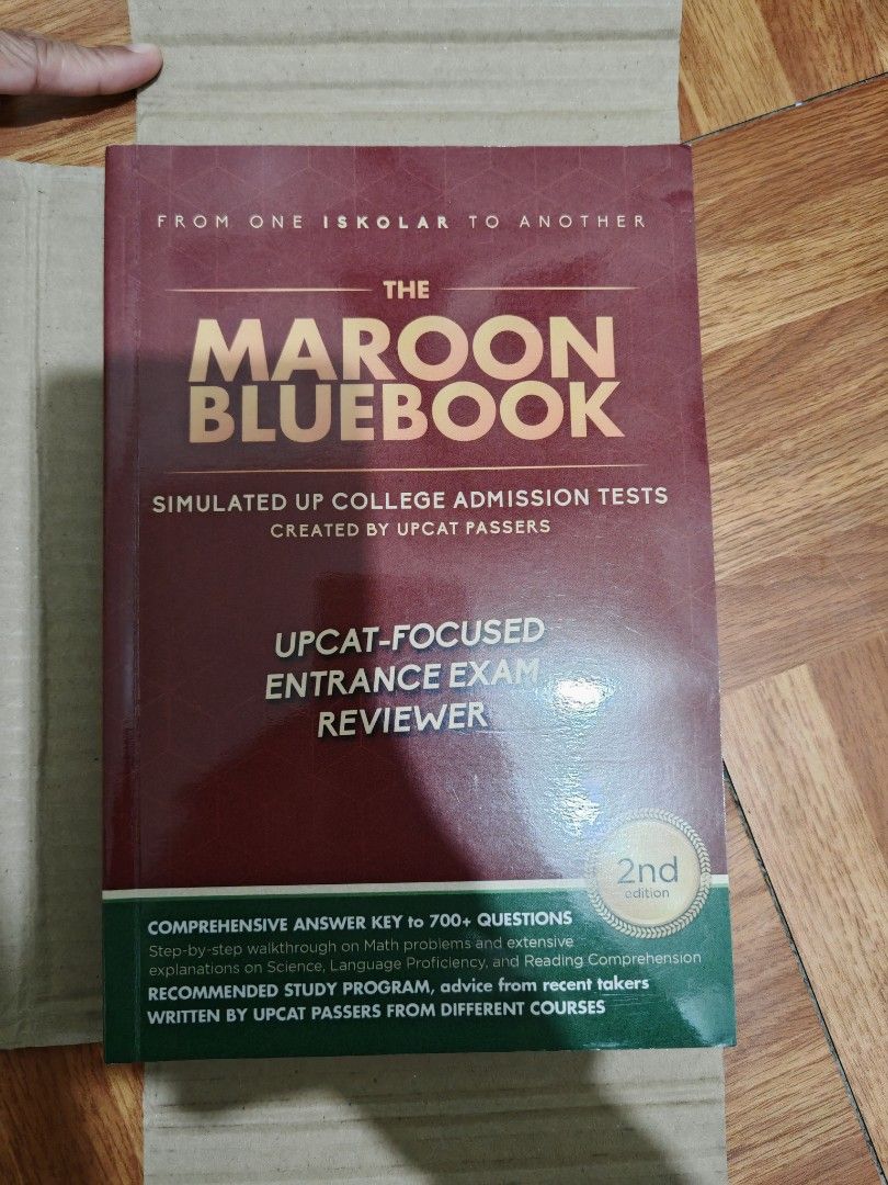 The Maroon Bluebook 2nd Edition (Category: Textbooks) located in Pasay City. Submitted by leilei7 (Listing ID 1357302052, Image 2). Description: (UPCAT-Focused Entrance Exam Reviewer) Never been used. No damage. Negotiable price just dm me ☺️.