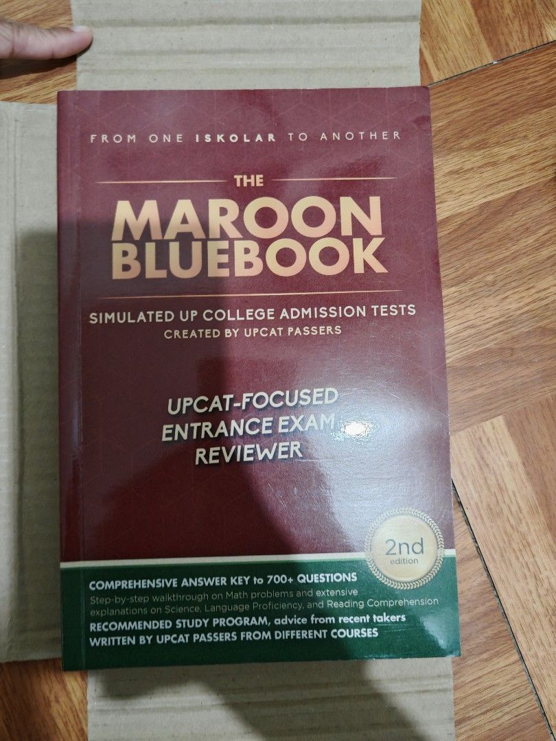 The Maroon Bluebook 2nd Edition (Category: Textbooks) located in Pasay City. Submitted by leilei7 (Listing ID 1357302052, Image 1). Description: (UPCAT-Focused Entrance Exam Reviewer) Never been used. No damage. Negotiable price just dm me ☺️.