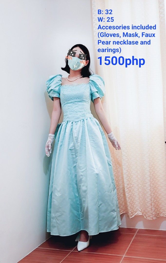 Vintage style gown (Category: Evening dresses & gowns) located in Marikina City. Submitted by mackbear (Listing ID 1357190257, Image 1). Description: Very good condition Comes with necklace earring facemask and glove set Size xs to s No COD Sf c/o of buyer No returns, check measurements thoroughly Buy at your own risk..