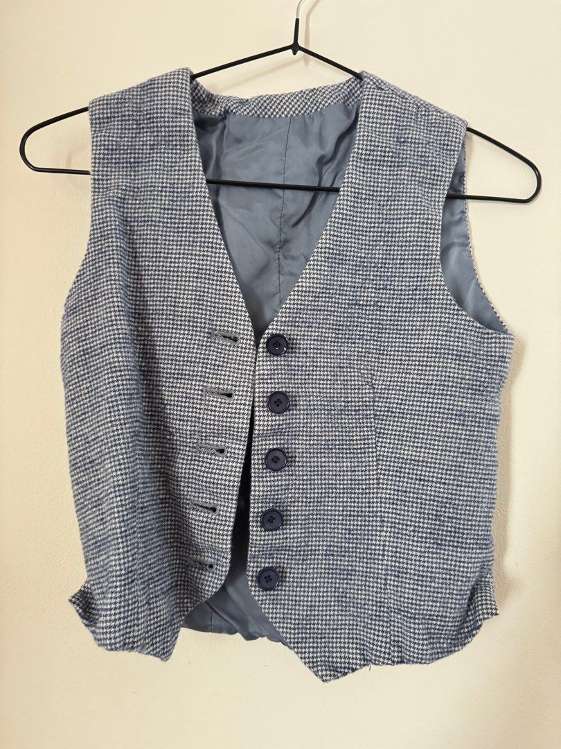 women's vest (Category: Sleeveless) located in Mandaluyong City. Submitted by lgdgl (Listing ID 1357301837, Image 2). Description: XS size, runs really small checkered blue/white with rough texture almost tweed classy when worn Bought in HK.