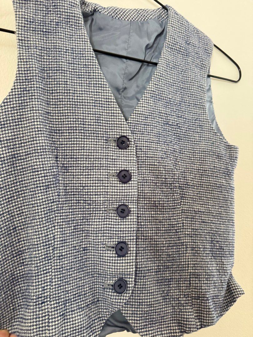 women's vest (Category: Sleeveless) located in Mandaluyong City. Submitted by lgdgl (Listing ID 1357301837, Image 1). Description: XS size, runs really small checkered blue/white with rough texture almost tweed classy when worn Bought in HK.