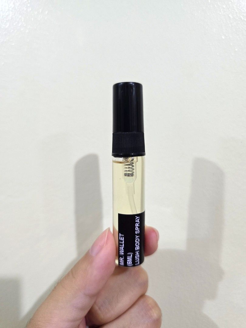 5mL Mr. Wallet Lush Body Spray (Category: Fragrance & Deodorants) located in Manila. Submitted by ptsyr (Listing ID 1361472966, Image 1). Description: Mr. Wallet from Lush Get minted with this sandalwood, vanilla and peppermint perfume. It’s a sweet, humbuggy scent made with ingredients totally unlikely to attract luck and prosperity unless success in life is just down to belief.... Worth a try though, right? Notes: - Only sprayed once - Bought f