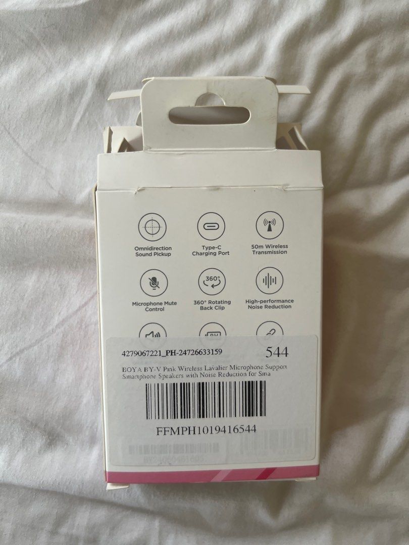 BOYA pink lapel wireless microphone lightning (Category: Microphones) located in Quezon City. Submitted by blairwearss (Listing ID 1361361788, Image 3). Description: -selling pink boya mic lightning -has a noise cancellation feature -slightly used—only used it for a month (in very good condition) -complete inclusions: mic, charging cord, and box -rfs: don’t need it anymore.