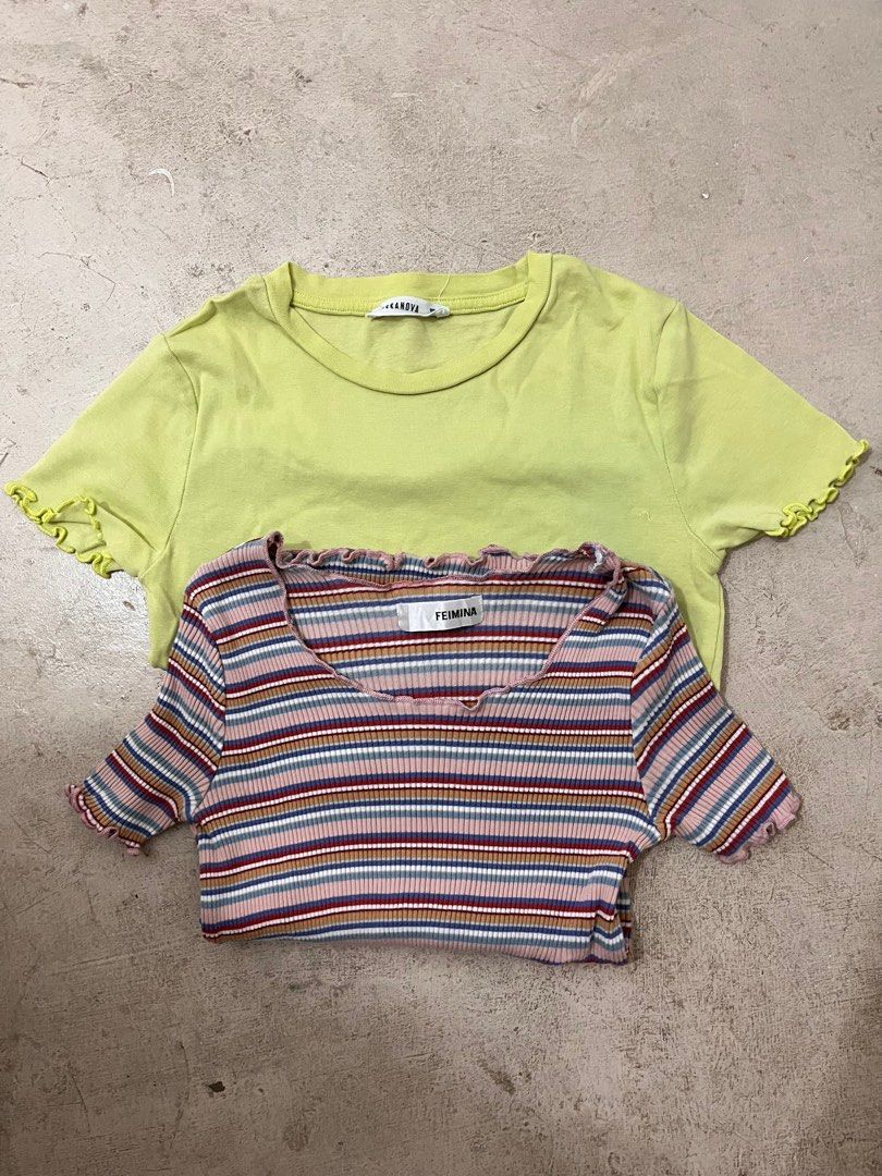Bundle 2 Tops (Category: Others Tops) located in Bulacan. Submitted by handlewithcaution (Listing ID 1361365022, Image 1). Description: Well used pero may konting sulsi yung mint green. Stripe pink goods pa small size both Bawal sa maselan. RFS: Decluttering .