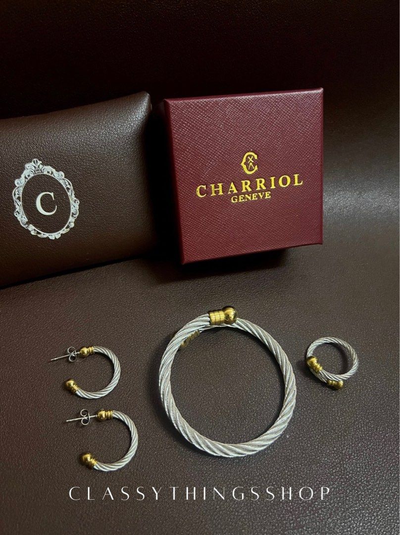 Charriol Set (Category: Luxury Accessories) located in Quezon City. Submitted by classythingsshop (Listing ID 1361412966, Image 3). Description: Two-Tone Charriol Cable Set Elevate your style with this elegant Two-Tone Charriol Cable Set, featuring: ✔ Cable Bracelet ✔ Cable Earrings ✔ Cable Ring ✨ Available in: Gold and Silver (Please inquire for availability). Material: Premium stainless steel – high-quality, non-tarnish, and hypoallergenic for 