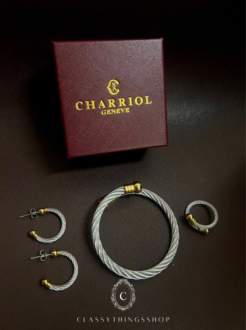 Charriol Set (Category: Luxury Accessories) located in Quezon City. Submitted by classythingsshop (Listing ID 1361412966, Image 1). Description: Two-Tone Charriol Cable Set Elevate your style with this elegant Two-Tone Charriol Cable Set, featuring: ✔ Cable Bracelet ✔ Cable Earrings ✔ Cable Ring ✨ Available in: Gold and Silver (Please inquire for availability). Material: Premium stainless steel – high-quality, non-tarnish, and hypoallergenic for 