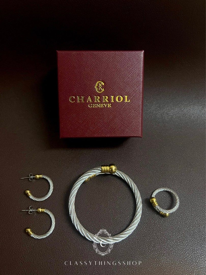 Charriol Set (Category: Luxury Accessories) located in Quezon City. Submitted by classythingsshop (Listing ID 1361412966, Image 2). Description: Two-Tone Charriol Cable Set Elevate your style with this elegant Two-Tone Charriol Cable Set, featuring: ✔ Cable Bracelet ✔ Cable Earrings ✔ Cable Ring ✨ Available in: Gold and Silver (Please inquire for availability). Material: Premium stainless steel – high-quality, non-tarnish, and hypoallergenic for 