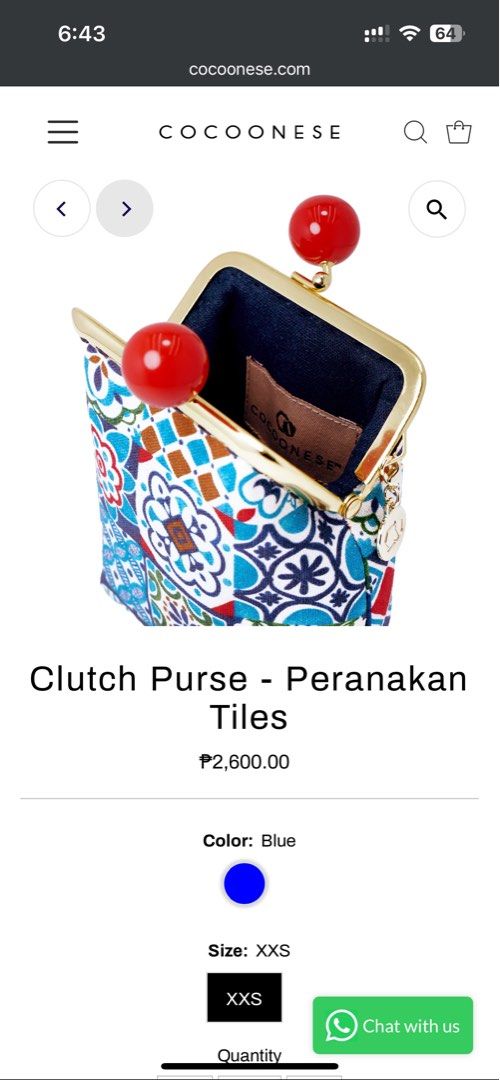 Cocoonese clutch purse (Category: Purses & Pouches) located in Taguig. Submitted by decluttering_my_stuff (Listing ID 1361428724, Image 3). Description: Cocoonese small clutch purse - Handmade in Singapore Dimension: - Width (cm): 9 - Depth (cm): 4 - Height (cm): 11 (Not including the top clasp closure) Details: - Type of closure: Kiss lock - Material: Cotton, alloy - Fully lined - An exquisite COCOONESE gold tag on the side Note that last 2 phot