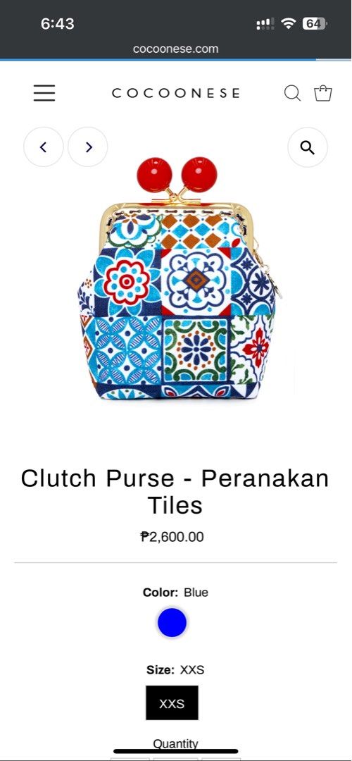 Cocoonese clutch purse (Category: Purses & Pouches) located in Taguig. Submitted by decluttering_my_stuff (Listing ID 1361428724, Image 1). Description: Cocoonese small clutch purse - Handmade in Singapore Dimension: - Width (cm): 9 - Depth (cm): 4 - Height (cm): 11 (Not including the top clasp closure) Details: - Type of closure: Kiss lock - Material: Cotton, alloy - Fully lined - An exquisite COCOONESE gold tag on the side Note that last 2 phot