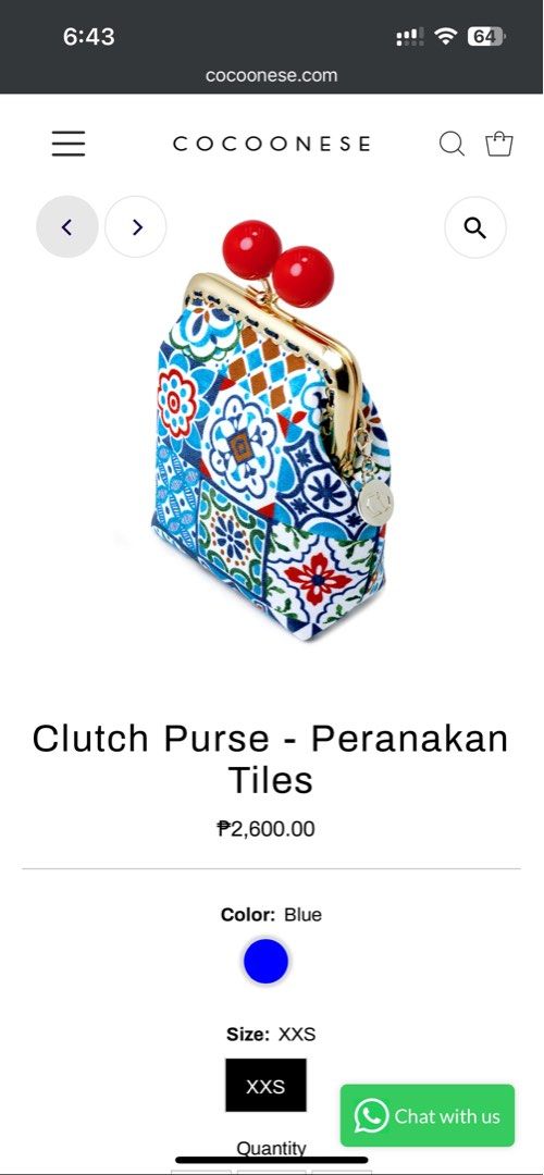 Cocoonese clutch purse (Category: Purses & Pouches) located in Taguig. Submitted by decluttering_my_stuff (Listing ID 1361428724, Image 2). Description: Cocoonese small clutch purse - Handmade in Singapore Dimension: - Width (cm): 9 - Depth (cm): 4 - Height (cm): 11 (Not including the top clasp closure) Details: - Type of closure: Kiss lock - Material: Cotton, alloy - Fully lined - An exquisite COCOONESE gold tag on the side Note that last 2 phot