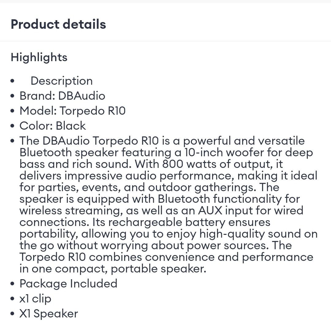 DB audio Torpedo R10 800w (Category: Soundbars, Speakers & Amplifiers) located in Las Pinas. Submitted by maic17 (Listing ID 1361359547, Image 3). Description: DB audio Torpedo R10 800w Brand new complete accessories Rechargeable Power Bluetooth Functional AUX Input 10 Inch Woofer 800w For pick up at Springville Heights Molino 7 Bacoor or shipping c/o buyer.