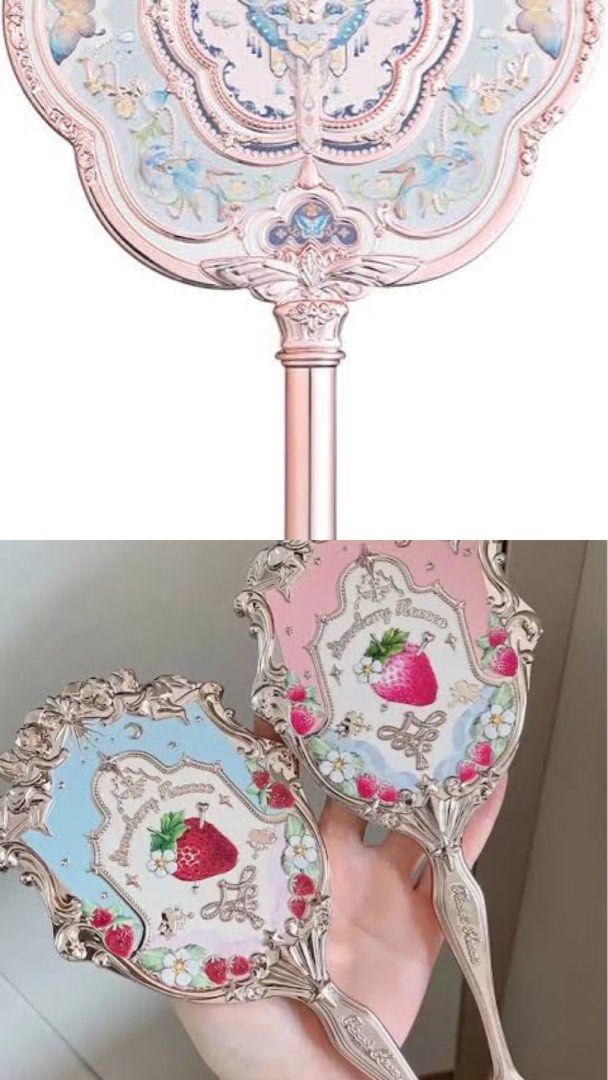 Flower Knows Hand Mirror On Hand (Category: Makeup) located in Manila. Submitted by honeyglow (Listing ID 1331925129, Image 3). Description: swan ballet blue- 1.2k midsummer fairytales mirror- 850 butterfly cloud collar pink/blue mirror- 850 moonlight mermaid blue- 1.2k strawberry violet rococo -950 strawberry rococo pink/blue- 1,350 each all have box and plastic packaging brand new.