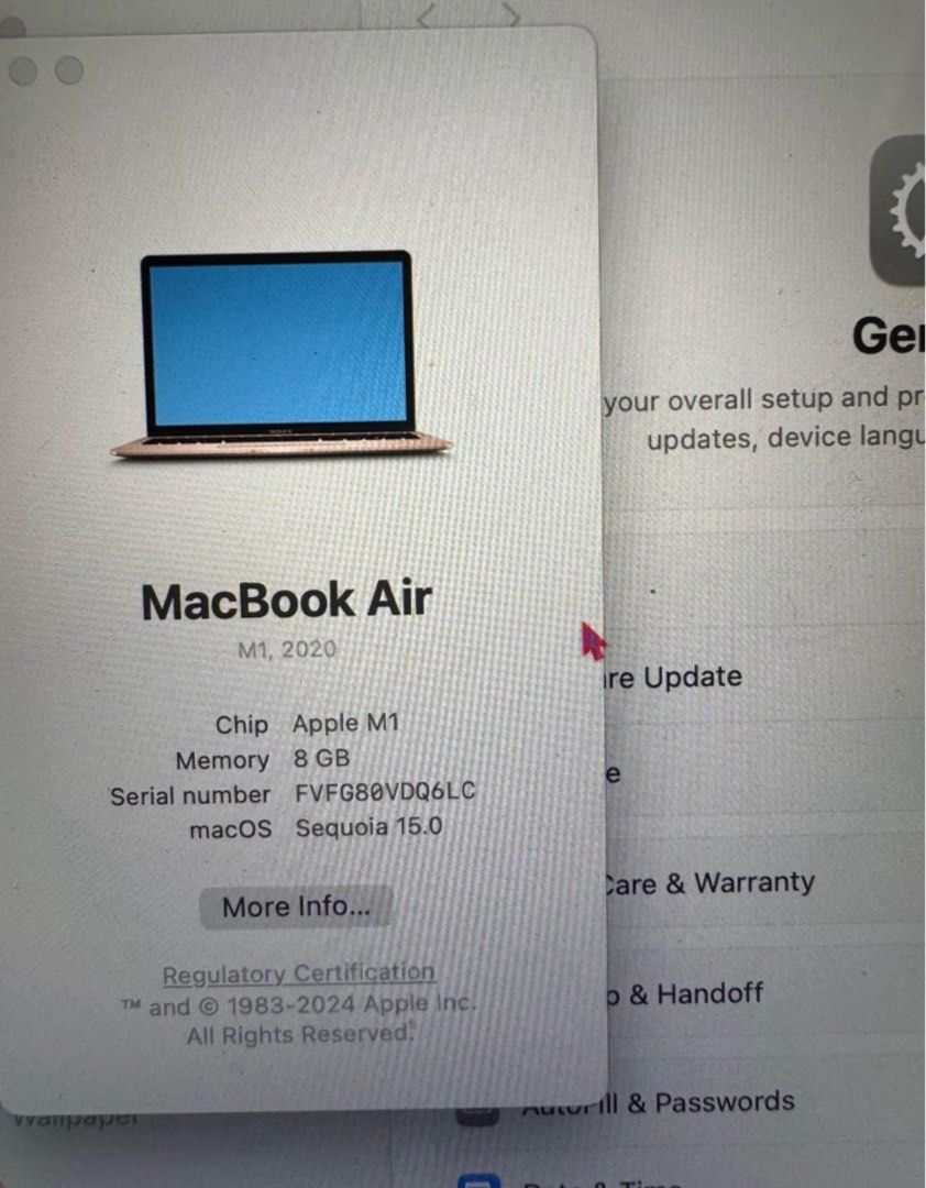 Macbook Air M1 Secondhand (Category: Laptops & Notebooks) located in Makati City. Submitted by lizarrrrrrrrr (Listing ID 1361353969, Image 3). Description: RFS: Planning to buy Ipad pro No issues except for sign of usage / Charger nakatupu pero useful parin need nga lang palitan ng bago. Loc: UH Village near Arca South Taguig Bought: 2021 .