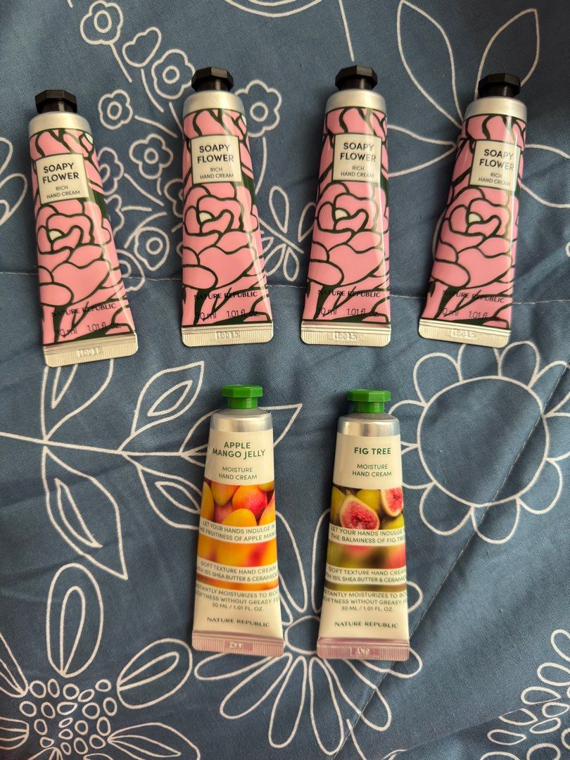 Nature Republic Hand Cream (Category: Body Care) located in San Mateo. Submitted by summerph (Listing ID 1361368116, Image 1). Description: Nature Republic Hand Cream Soapy Flower - 350 each Fig tree- 200 each Apple Mango Jelly - 200 each.