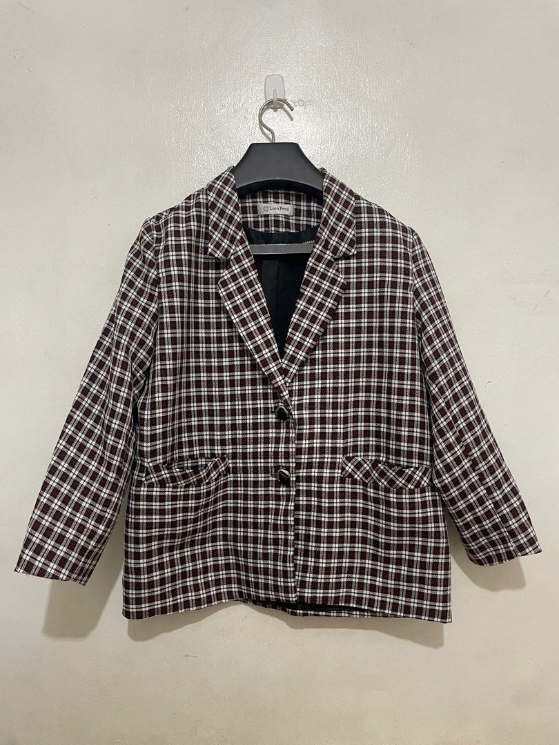 Oversized Plaid Burgundy Blazer (Category: Coats, Jackets and Outerwear) located in Manila. Submitted by gflores (Listing ID 1361391820, Image 1). Description: Oversized plaid burgundy coat. Material is not that thick so pweds with the Ph weather. Please see photos for dimension Accepts shop-ee check out (with additional 5php).If through delivery riders (lalamove, grab etc) pickup,BOOKING ARE MADE BY BUYER. NO TO LOWBALLERS. 1 DAY RESERVATION ONL