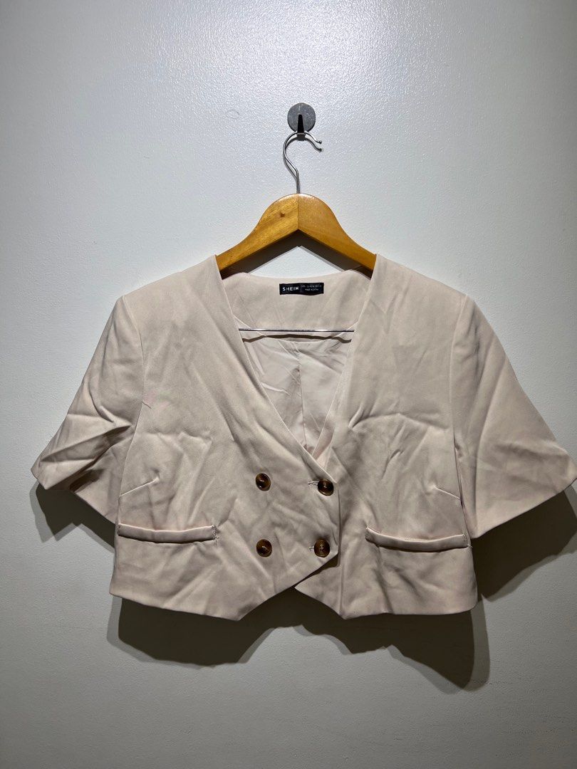 Shein Double Breasted Cropped Top & Shorts Terno (Category: Sets or Coordinates) located in Mandaluyong City. Submitted by big.belle (Listing ID 1361451214, Image 2). Description: Used only once Needs Ironing 😅.