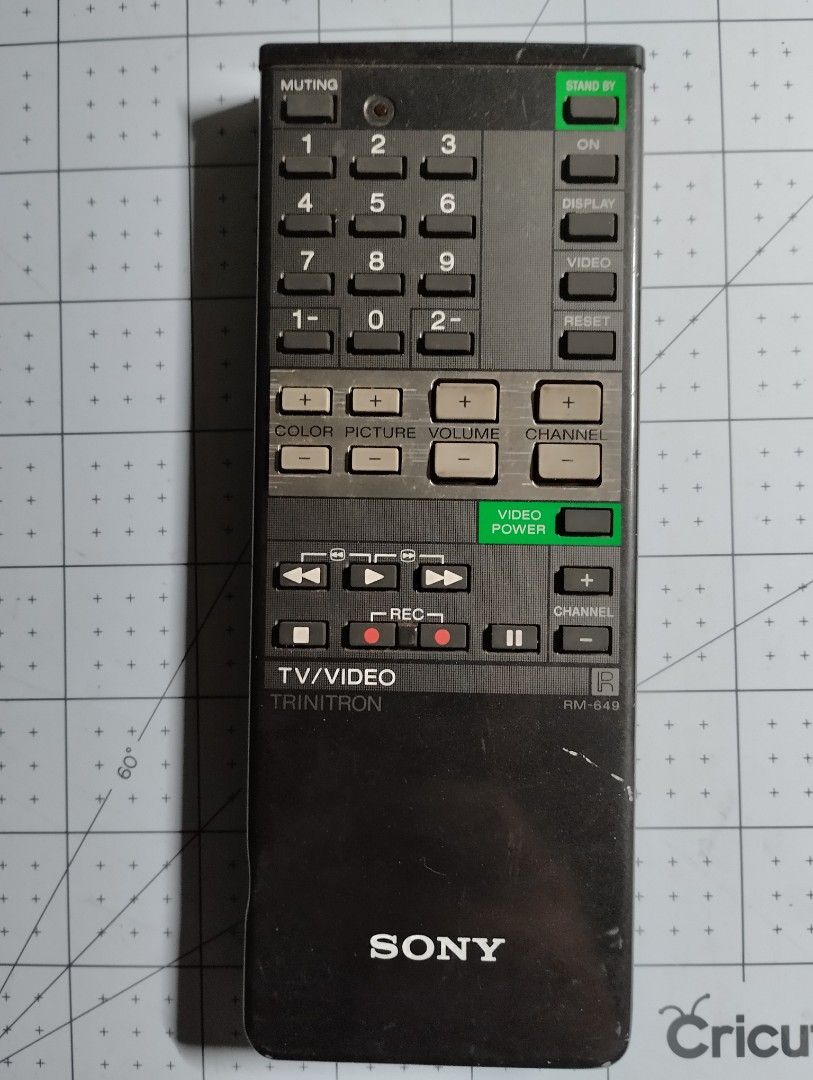 Sony Trinitron RM-649 (Category: TV) located in Manila. Submitted by thecollectibleshop (Listing ID 1361372806, Image 1). Description: Selling a collectible Sony RM-649 TV/VCR/MDP Trinitron remote control. It is used to operate Sony Trinitron TVs, VCRs, and MDP players. It features buttons for: Power, mute, and standby Number keys for channel selection Display, video, and reset functions Color, picture, volume, and channel adjustments Play, rewin