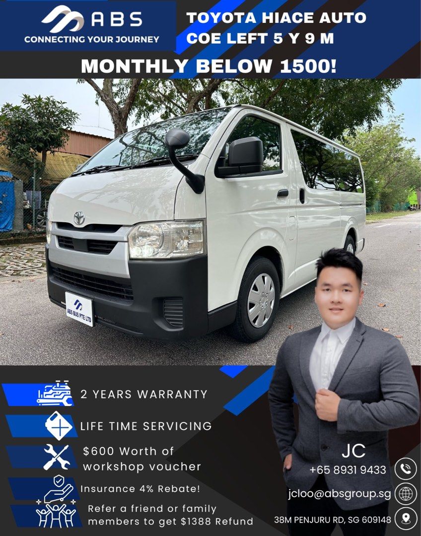 Toyota Hiace 2.8A Auto (Category: Used Commercial Vehicles for Sale) located in Singapore. Submitted by absbus (Listing ID 1361373193, Image 1). Description: Toyota Hiace 2.8Auto Come with 2 year warranty for Engine🛠️ and Gearbox⚙️ Unlimited lifetime servicing⛽ Until COE Ends Insurance Rebate/Discount 8%💸 Refferal a friend or family for Full refund💰 ABS membership💎 Free Exchange vehicle within 3 days🧰 Workshop Voucher 1800 for Wear and Tear�