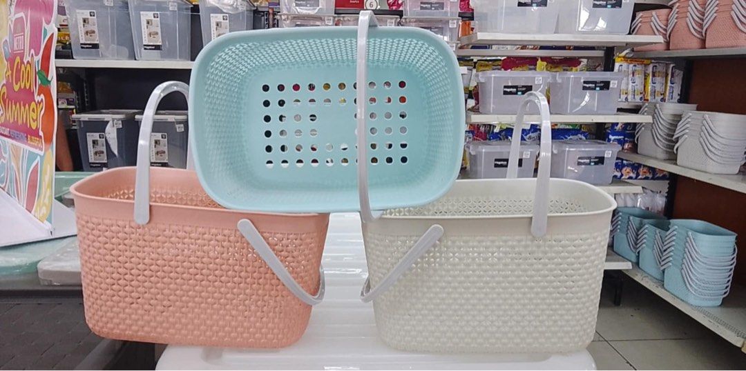 Weave Storage Baskets (Category: Storage Boxes & Baskets) located in Cainta. Submitted by Heart_Caladium (Listing ID 1361370332, Image 1). Description: 50 pesos per item plastic weave basket 2 colors available - 4pcs per color nice and aesthetic.