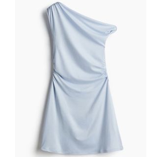Asymmetrical draped ruched one-shoulder baby blue clairo dress with twist detail