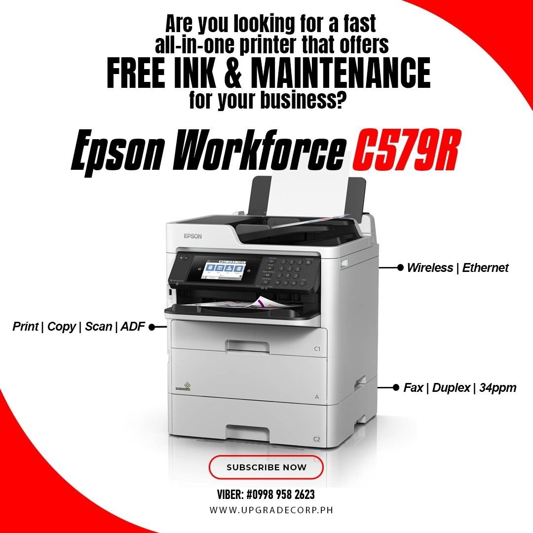 EPSON WORKFORCE C579R I EPSON PRINTER (Category: Printers, Scanners & Copiers) located in Quezon City. Submitted by printer_supplies_provider (Listing ID 1362870659, Image 1). Description: EPSON WORKFORCE C579R *All-in one Fast Inkjet Printer Quick Functions: ❏. Auto Duplex Printer ❏. Scanner up to legal ❏. Copier up to legal ❏. Network & Wifi Ready ❏. Mobile Print Solutions ❏. FAX ❏. ADF for long documents ❏. Dual Tray ❏. Speed: 34ppm Ink Consum