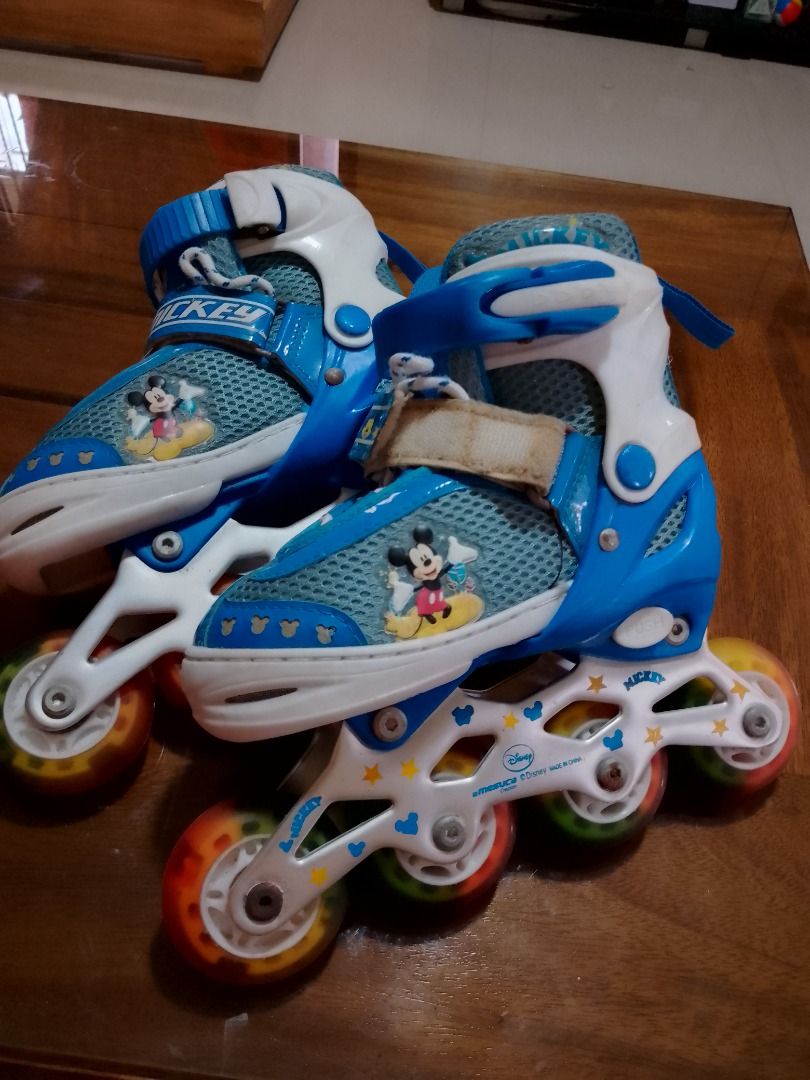 Mesuca Mickey Mouse Roller Blades (Category: Babies & Kids Fashion) located in Manila. Submitted by jersey_n_stuff (Listing ID 1362933185, Image 2). Description: Size UK 10j-12j, EU 27-30, CM 17.5-19 Colorful Wheels, Lights When Rolled -All Items are thrifted/preloved. Please manage your expectation -Payment First -No Return/No Exchange/No Refund -Item stocking for shipping only for paid items -Please slide a chat for your queries -Payment via GC