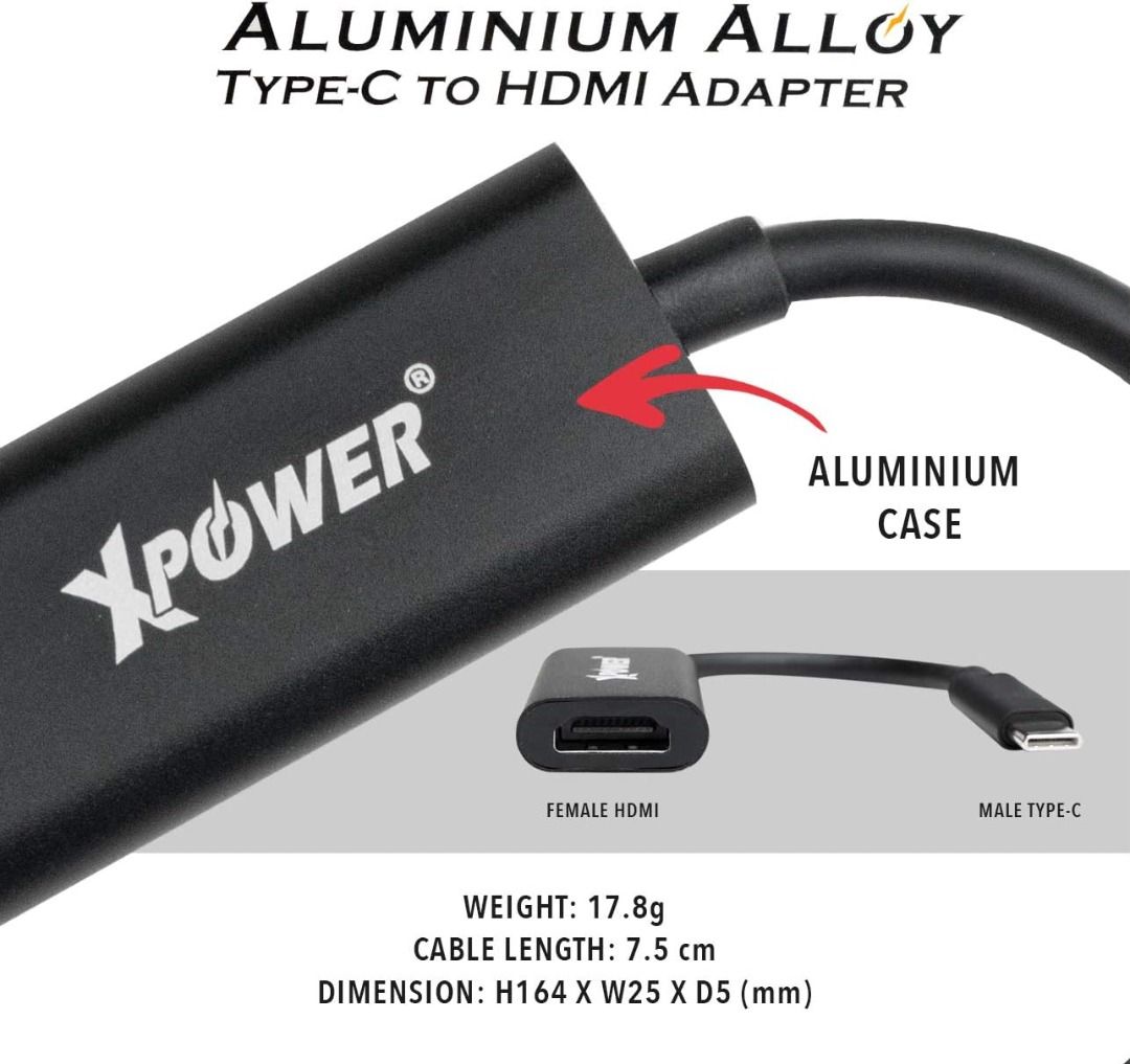 XPower Aluminium Alloy OTG Type-C to HDMI Adapter: Support 4K TV, Plug ...