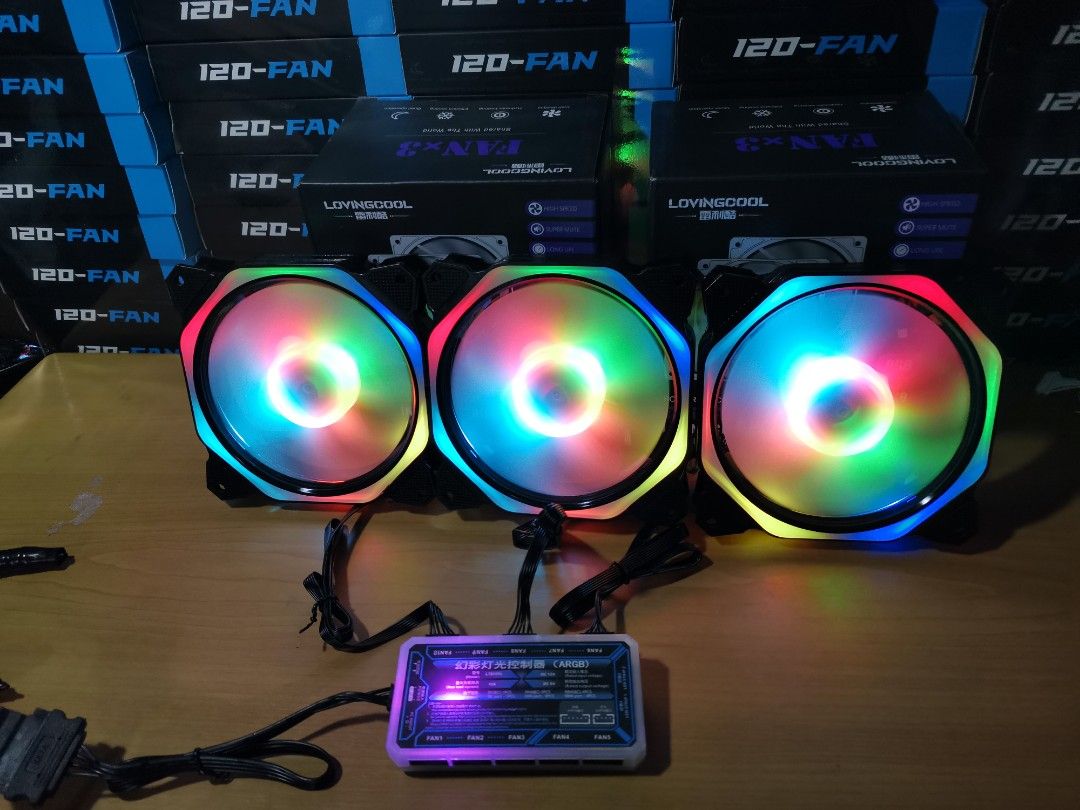 ARGB FANS 3PCS w/ hub and remote controller (Category: Computer Parts) located in Taguig. Submitted by callidora_touchofelegance (Listing ID 1363028282, Image 1). Description: ✅BrandNew ✅Black OR White Color Available ✅120mm Size ✅3pcs Fans in EACH BOX ✅With Hub and remote controller ✅Well-Checked ✅Well-Tested ✅Quality Guaranteed.