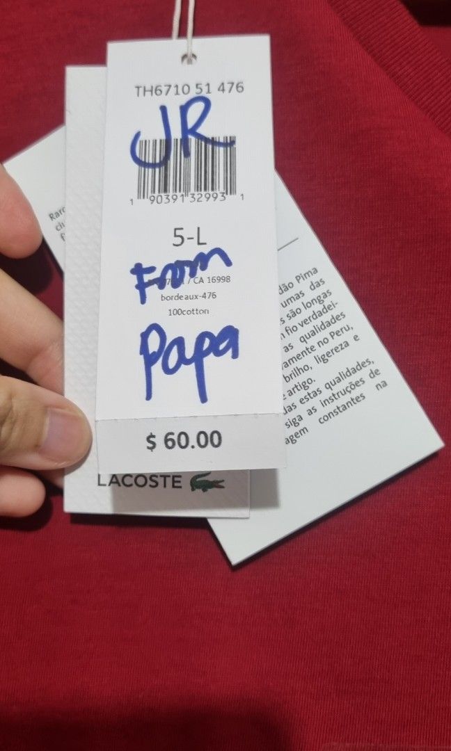 Lacoste Plain Shirt (Category: Tshirts & Polo Shirts ) located in Quezon City. Submitted by starrific (Listing ID 1363043196, Image 3). Description: Brand new, with tags Stocked in wardrobe, need washing V neck Regular fit, size 5 L RFS: Decluttering, size too big for my husband Location: QC, Manila.