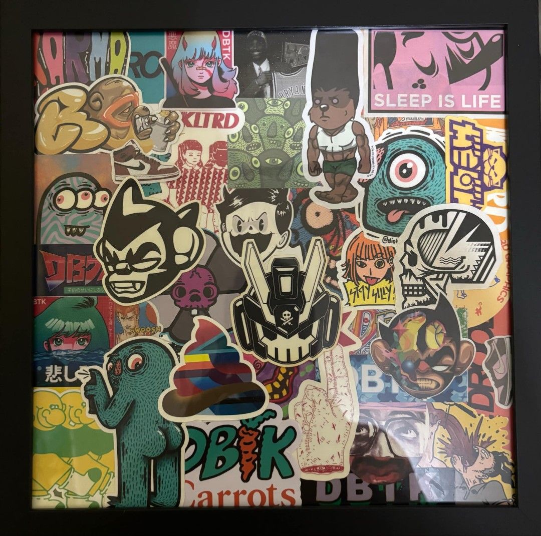 Local Artist Sticker Collage in Frame (Category: Frames & Pictures) located in Manila. Submitted by tee.3p (Listing ID 1363136906, Image 1). Description: Egg Fiasco Quiccs JP Pining Distort Monsters DBTK and many more.