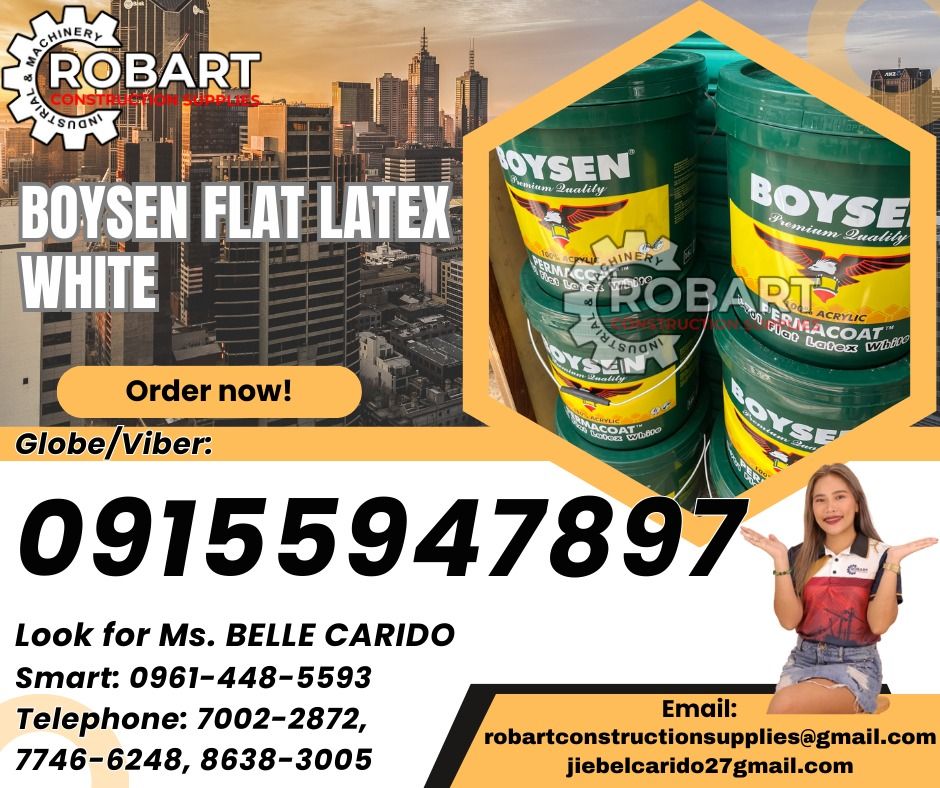 Boysen Flat Latex White (Category: Construction Tools & Equipment) located in Manila. Submitted by bellarobart (Listing ID 1363221034, Image 1). Description: Boysen Flat Latex White Size: Pail 𝑹𝑶𝑩𝑨𝑹𝑻 𝑪𝑶𝑵𝑺𝑻𝑹𝑼𝑪𝑻𝑰𝑶𝑵 𝑺𝑼𝑷𝑷𝑳𝑰𝑬𝑺 Office Address: 1405 Yuseco St. Sta Cruz Manila SEND US MESSAGE FOR INQUIRIES ‼️ ‼️ Glb/Vibr: 0915-594-7897 Smrt: 0961-448-5593 Landline: (7746-6248 / 7002-2872) 𝓛𝓞𝓞𝓚 𝓕𝓞𝓡 𝓑𝓔𝓛𝓛𝓔 🔵 100% Trust
